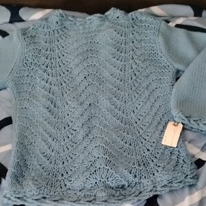 Elegant Knit Crew Neck Sweater in Blue Has A Gap Near Waist Can Be Attached